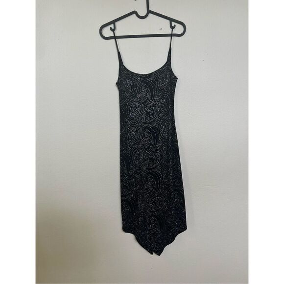 Slinky 90s Black Midi Dress Glitter Open Back Spaghetti Straps Diamond Cut S - Picture 10 of 14